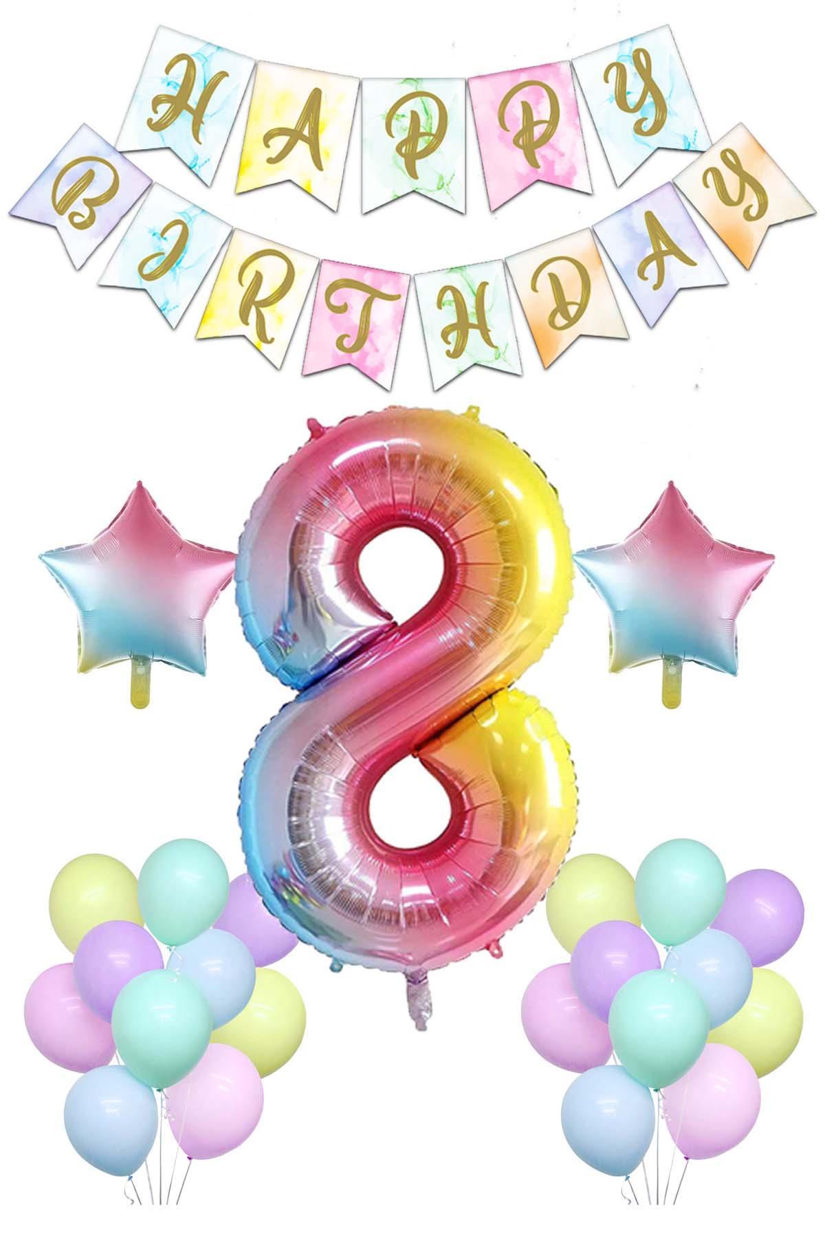 Gökkuşağı Konsepti 8 Yaş Doğum Günü Parti Kutlama Seti; Rakam ve Yıldız Folyo, Banner ve Makaron Balon