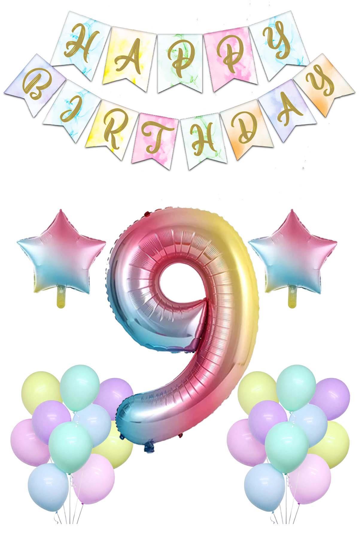 Gökkuşağı Konsepti 9 Yaş Doğum Günü Parti Kutlama Seti; Rakam ve Yıldız Folyo, Banner ve Makaron Balon