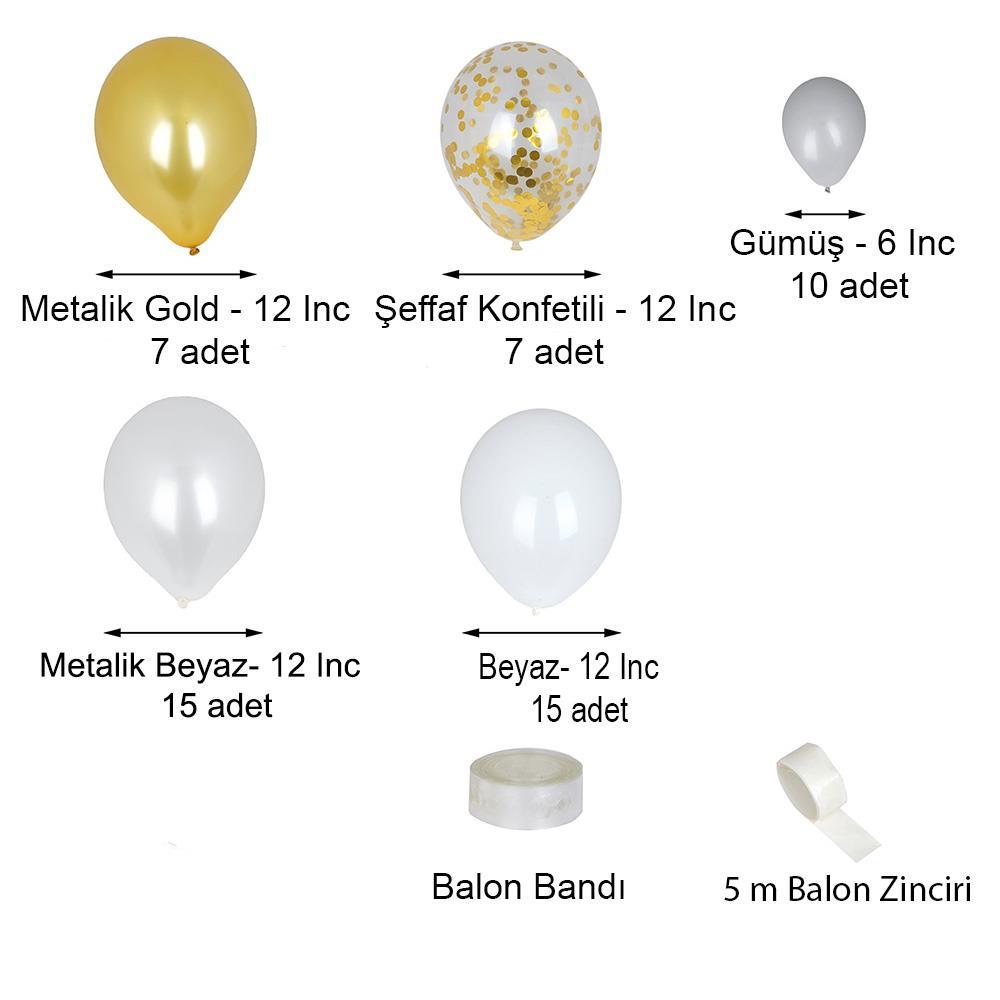 Gold Gümüş Beyaz Balon Zinciri Seti Konsept 1
