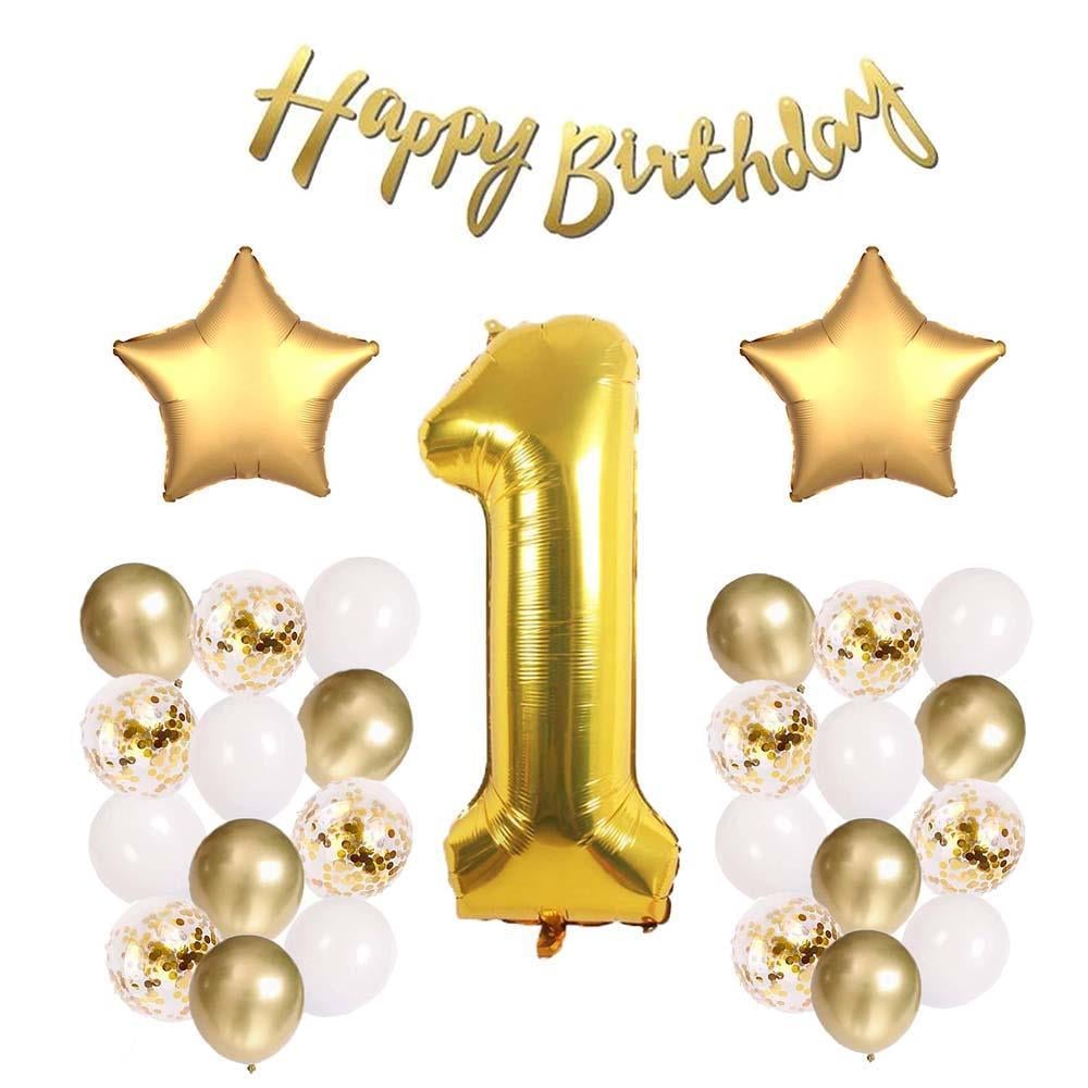 Gold Konsept 1 Yaş Doğum Günü Kutlama Seti; Beyaz Gold Konfetili Balon, Rakam Yıldız Folyo ve Banner