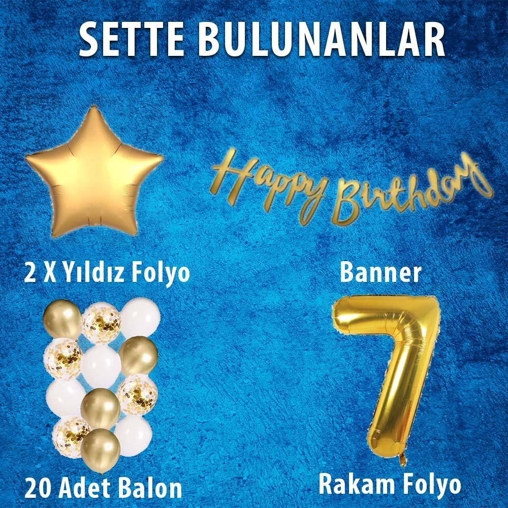 Gold Konsept 7 Yaş Doğum Günü Kutlama Seti; Beyaz Gold Konfetili Balon, Rakam Yıldız Folyo ve Banner
