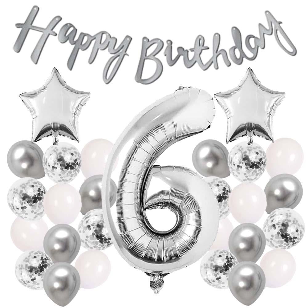 Gümüş Konsept 6 Yaş Doğum Günü Kutlama Seti Beyaz Gümüş Konfetili Balon Rakam Yıldız Folyo ve Banner