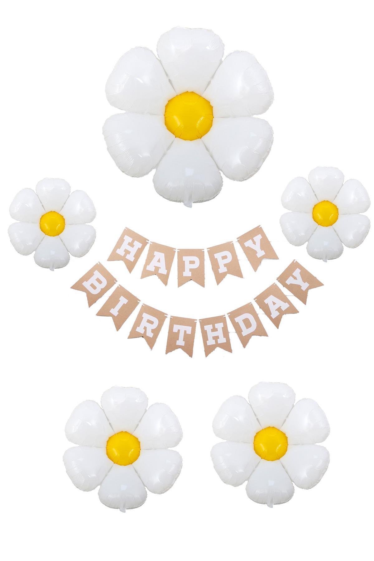 Happy Birthday Banner ve 5 Li Papatya Folyo Balon Seti Parti Kutlama Seti