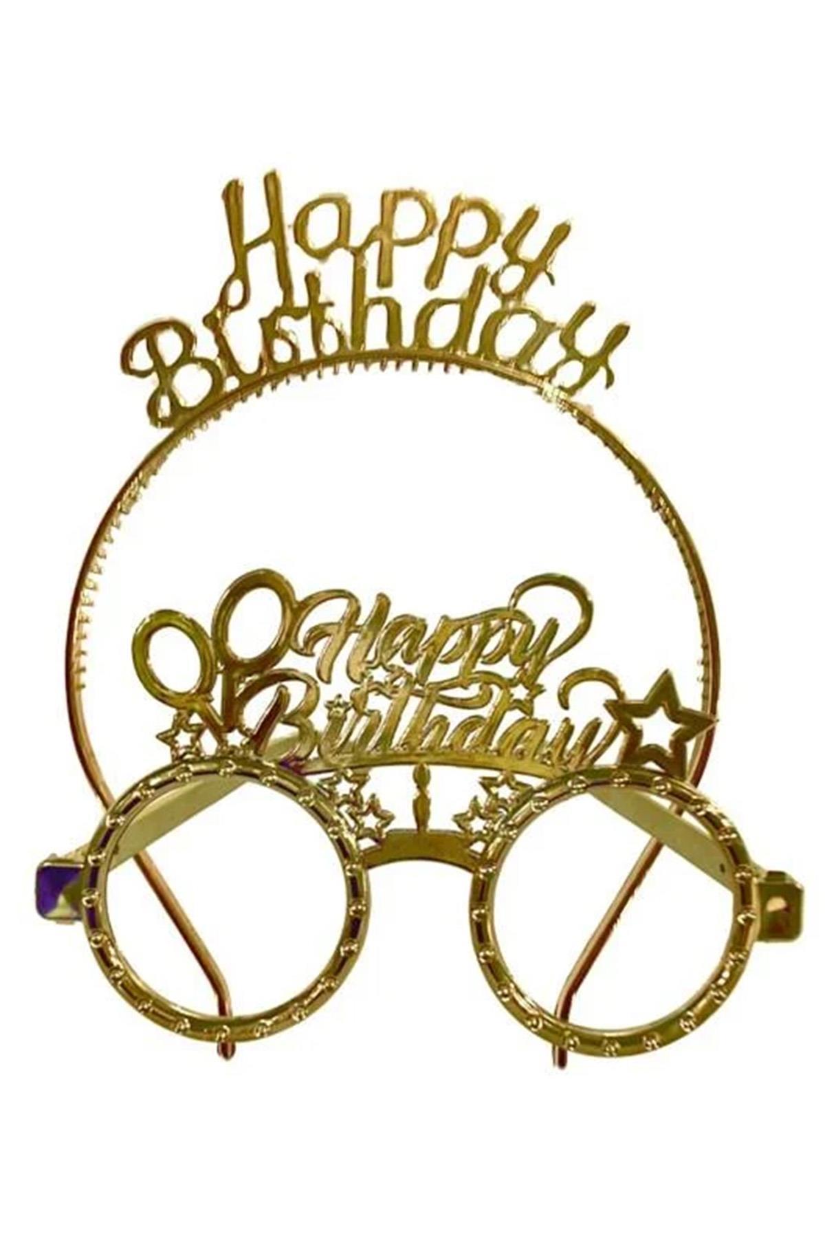 Happy Birthday Tac Gözlük Seti Gold Renk Parti Aksesuar