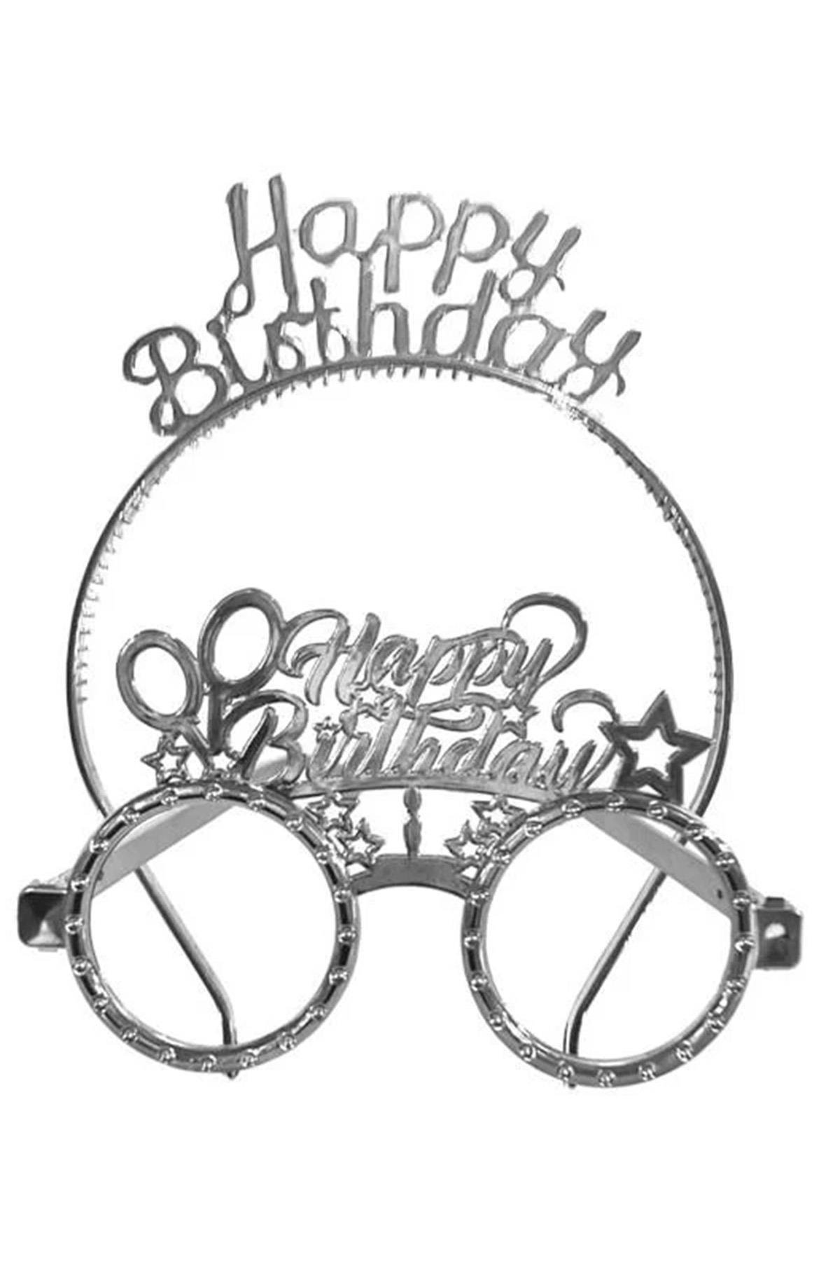 Happy Birthday Tac Gözlük Seti Gümüş Renk Parti Aksesuar
