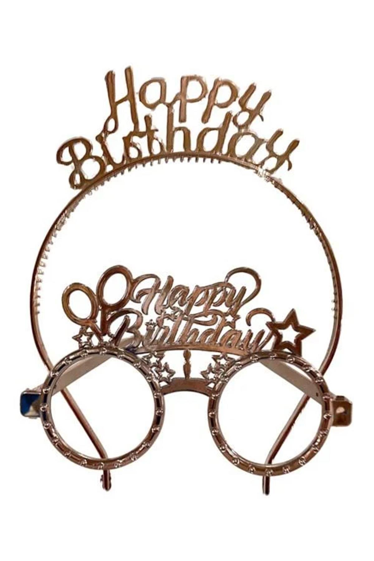 Happy Birthday Tac Gözlük Seti Rose Gold Renk Parti Aksesuar