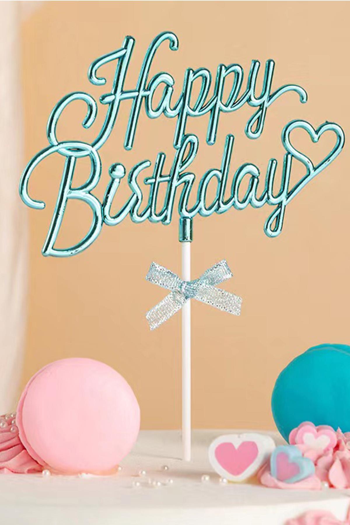 İnci Mavi Renk Happy Birthday Yazılı Pasta Süsü