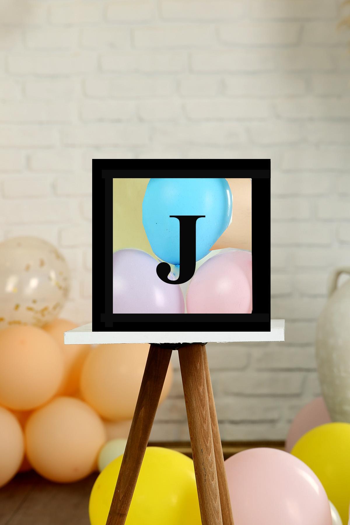 J Harfli Siyah Şeffaf Büyük Boy 25*25 cm Balon Kutusu Kendin Yap Doğum Günü Parti Kutlama Seti