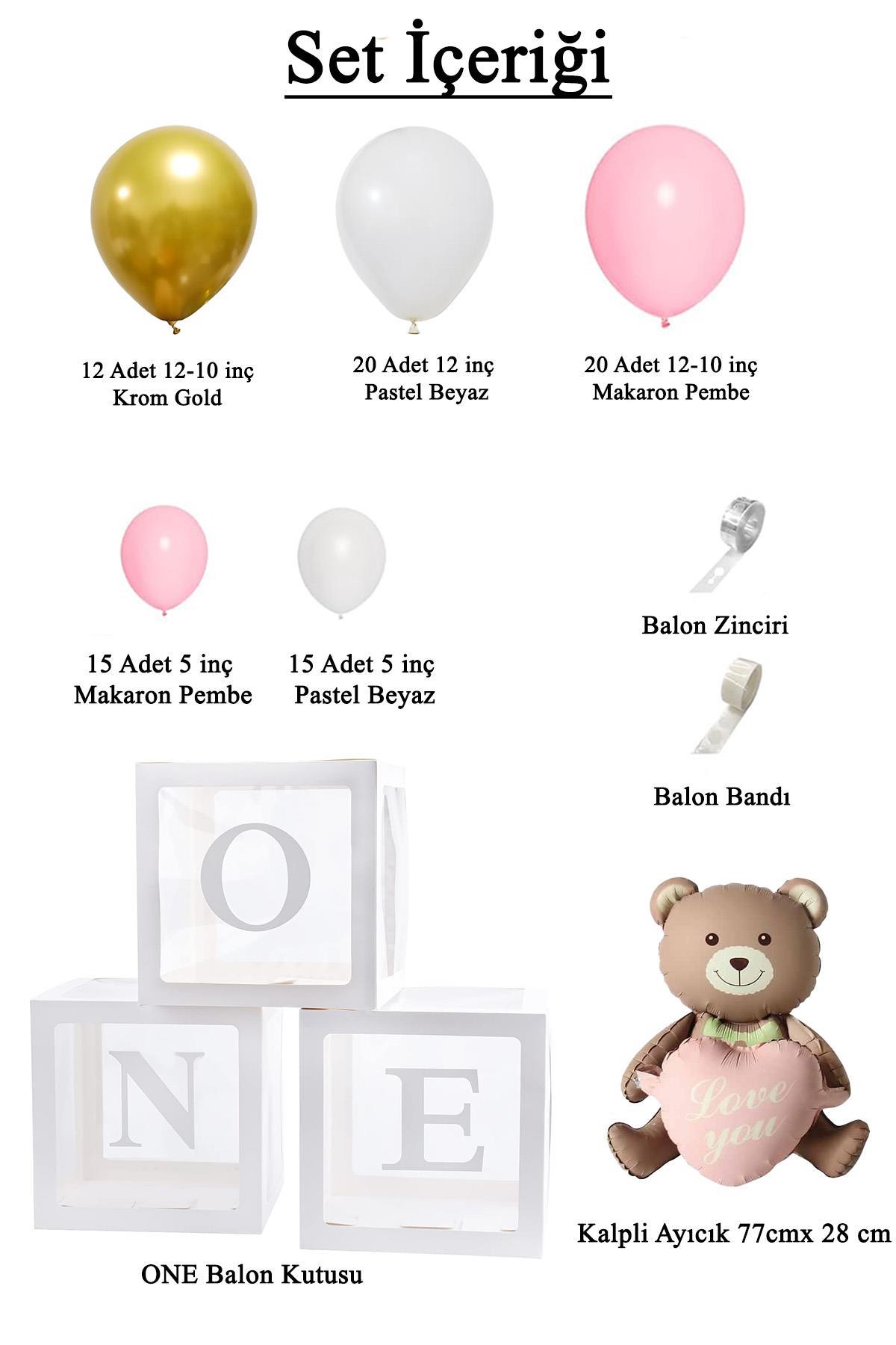 Krom Gold, Makaron Pembe ve Beyaz Balon Temalı 1 Yaş Set; ONE Kutu Pembe Kalpli Ayıcık Folyo Ve Balon Zincir Set