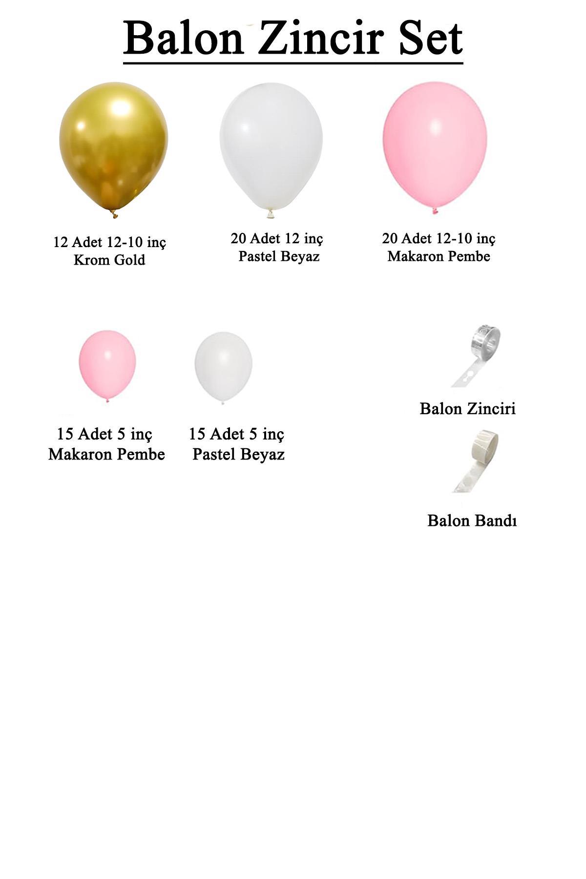 Krom Gold, Pastel Beyaz  ve Makaron Pembe Temalı Balon Seti