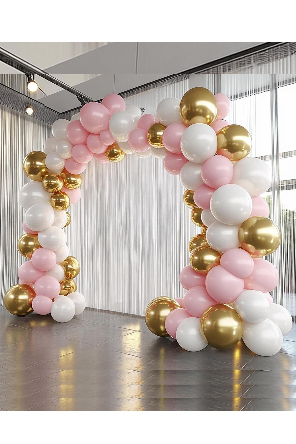 Krom Gold, Pastel Beyaz  ve Makaron Pembe Temalı Balon Seti