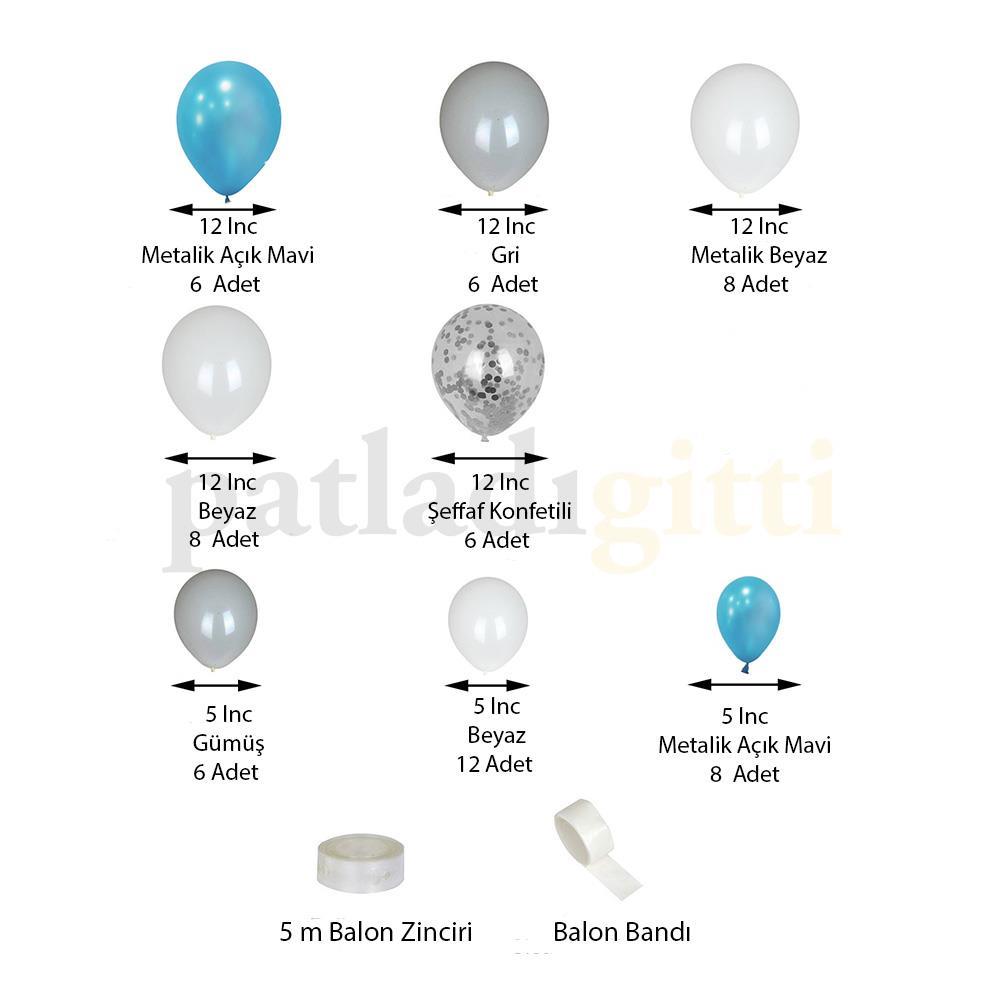 Mavi Gümüş Beyaz Balon Zinciri Seti Konsept 6