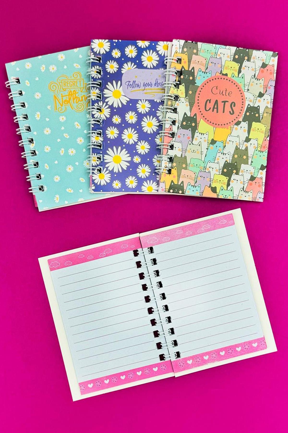 Mini 4'lü Renkli Desenli Spiralli Defter