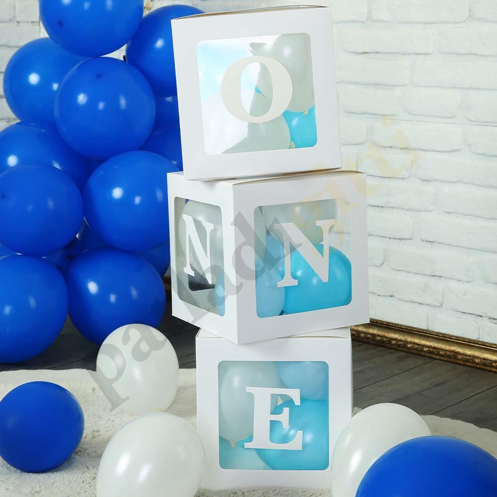 One Yazılı Beyaz Kutu ve Balon Seti Erkek Bebek 1 Yaş Doğum Günü Kutlama