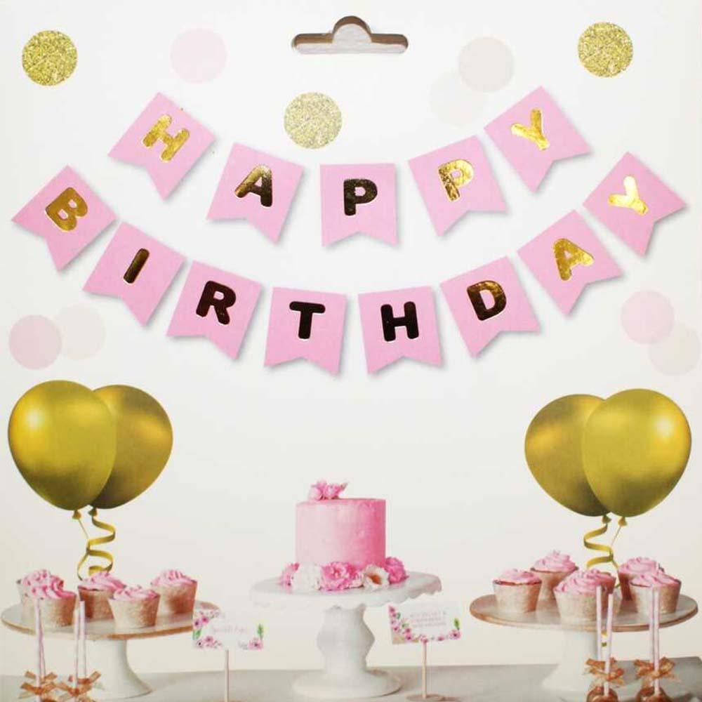 Pembe Zemin Happy Birthday Gold Banner