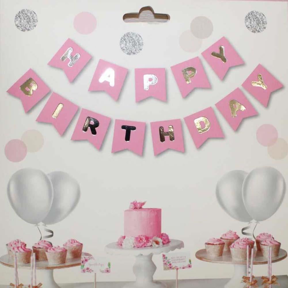 Pembe Zemin Happy Birthday Gümüş Banner