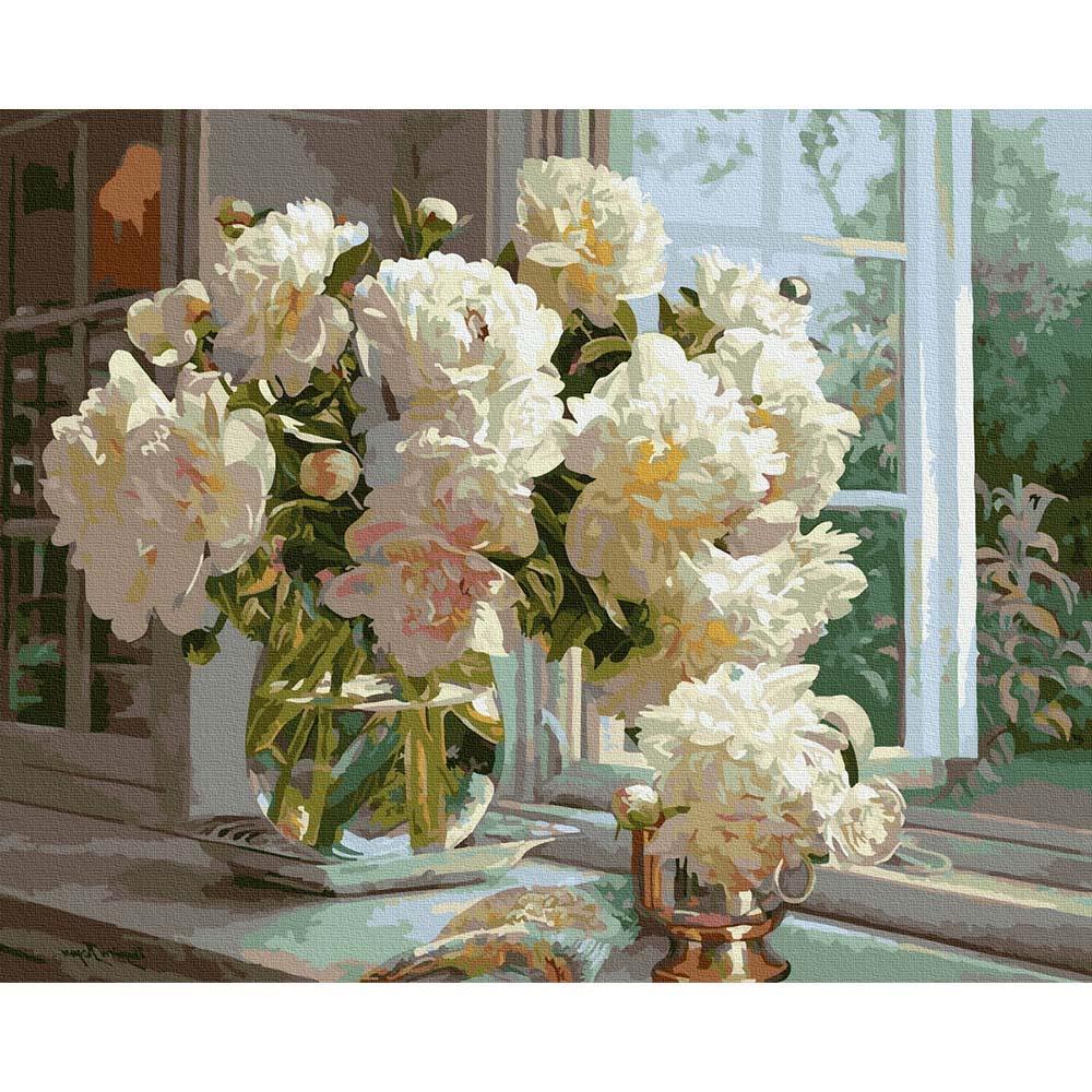 Penceredeki Şakayıklar Tuvale Gerili Sayılarla Boyama Hobi Seti 40x50 cm