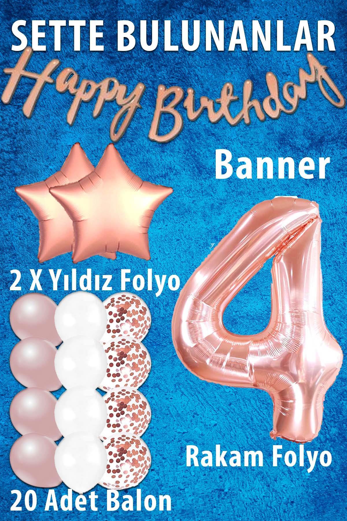 Rose Gold Konsept 4 Yaş Doğum Günü Kutlama Seti; Beyaz Gold Konfetili Balon, Rakam Yıldız Folyo ve Banner