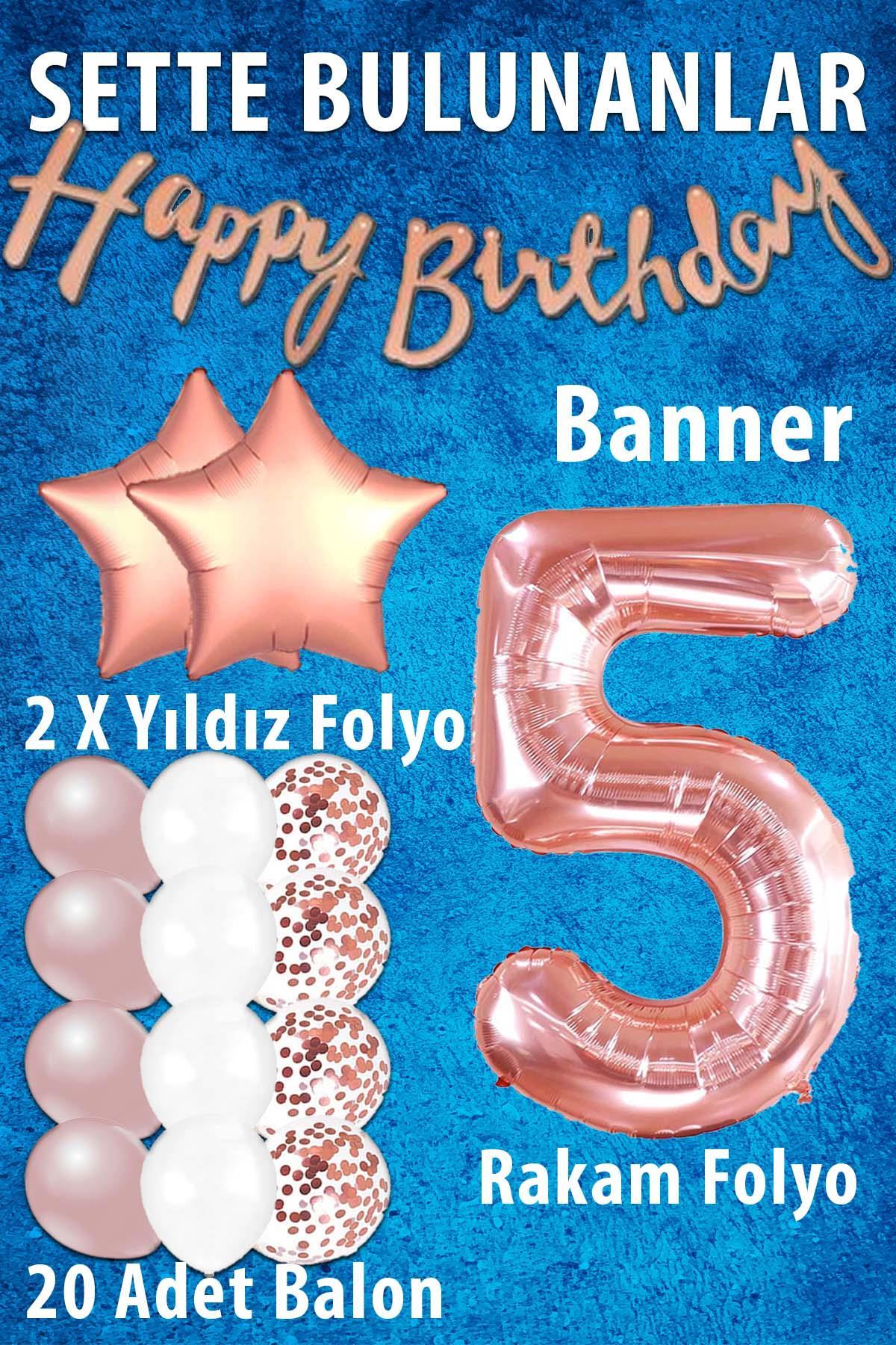Rose Gold Konsept 5 Yaş Doğum Günü Kutlama Seti; Beyaz Gold Konfetili Balon, Rakam Yıldız Folyo ve Banner