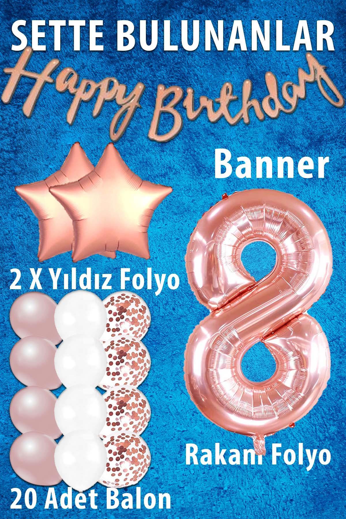 Rose Gold Konsept 8 Yaş Doğum Günü Kutlama Seti; Beyaz Gold Konfetili Balon, Rakam Yıldız Folyo ve Banner