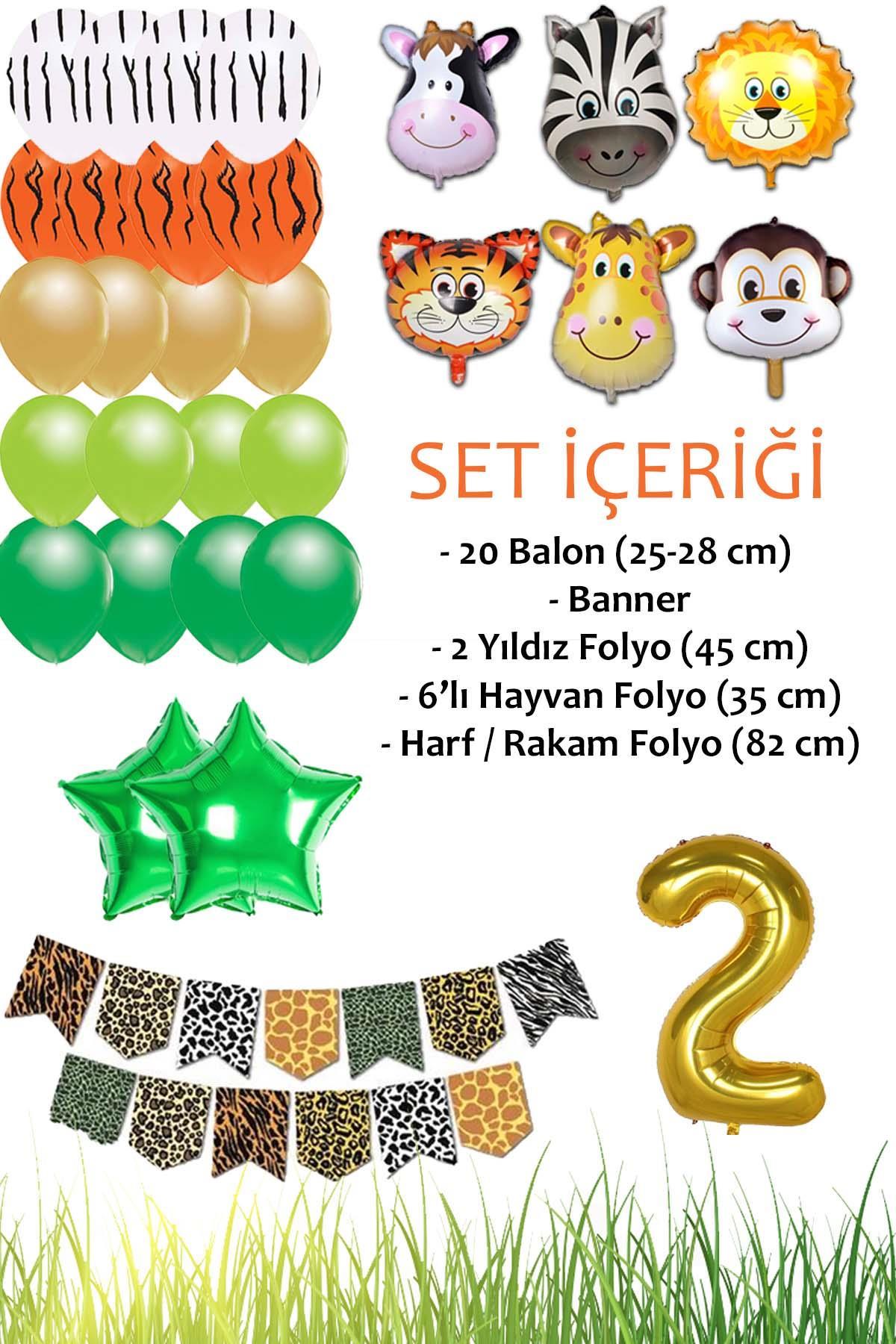 Safari Konsepti 2 Yaş Doğum Günü Parti Kutlama Seti; Rakam ve Yıldız Folyo, Banner ve Balon Zinciri