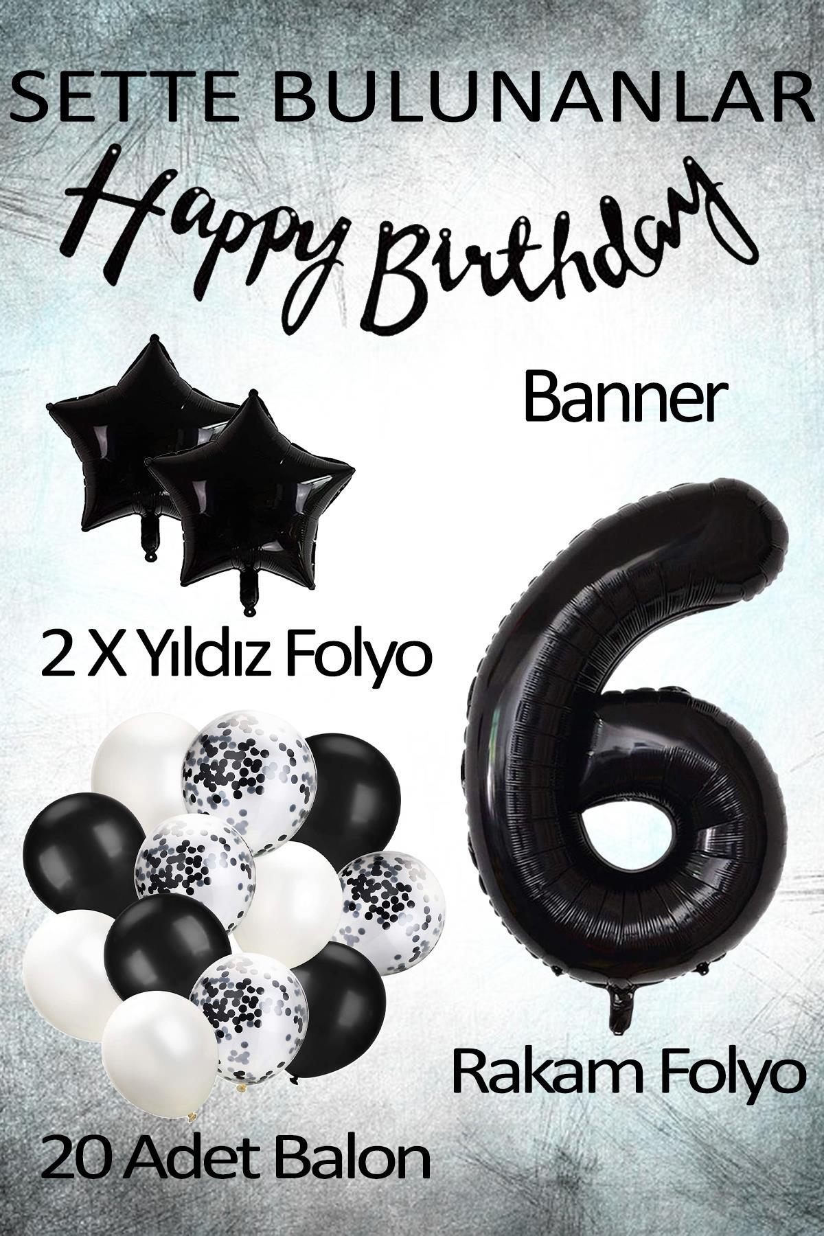 Siyah Konsept 6 Yaş Doğum Günü Kutlama Seti; Beyaz Siyah Konfetili Balon, Rakam Yıldız Folyo ve Banner