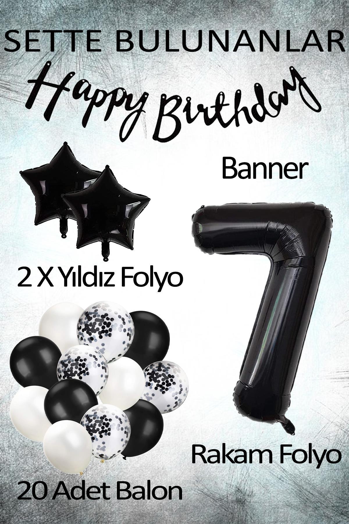 Siyah Konsept 7 Yaş Doğum Günü Kutlama Seti; Beyaz Siyah Konfetili Balon, Rakam Yıldız Folyo ve Banner