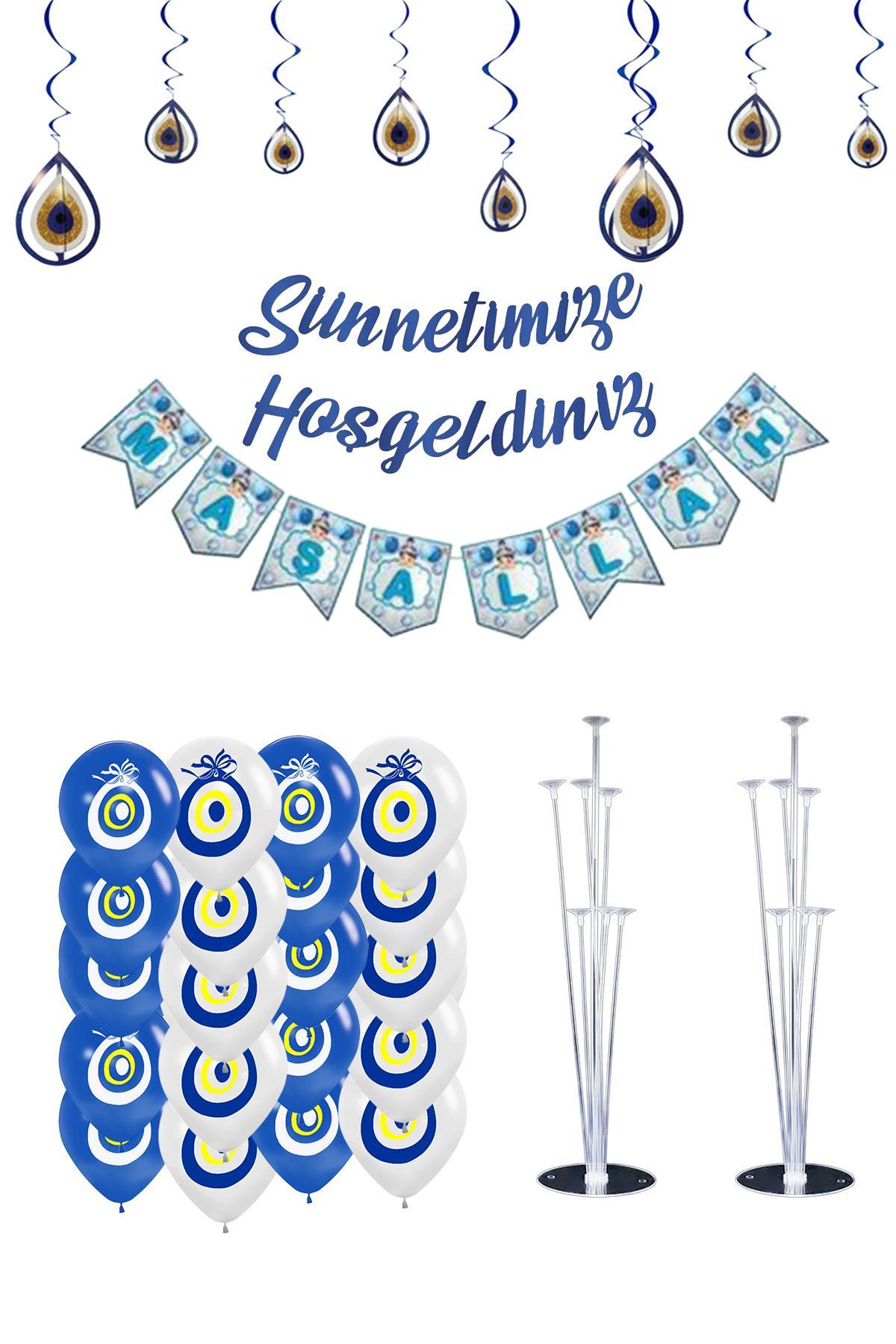 Sünnetimize Hoşgeldiniz  Banner, Maşallah Banner, Nazar Boncuğu Tavan Süs ve  2 Balon Standı Ve 20 Adet Mavi-Beyaz Balon