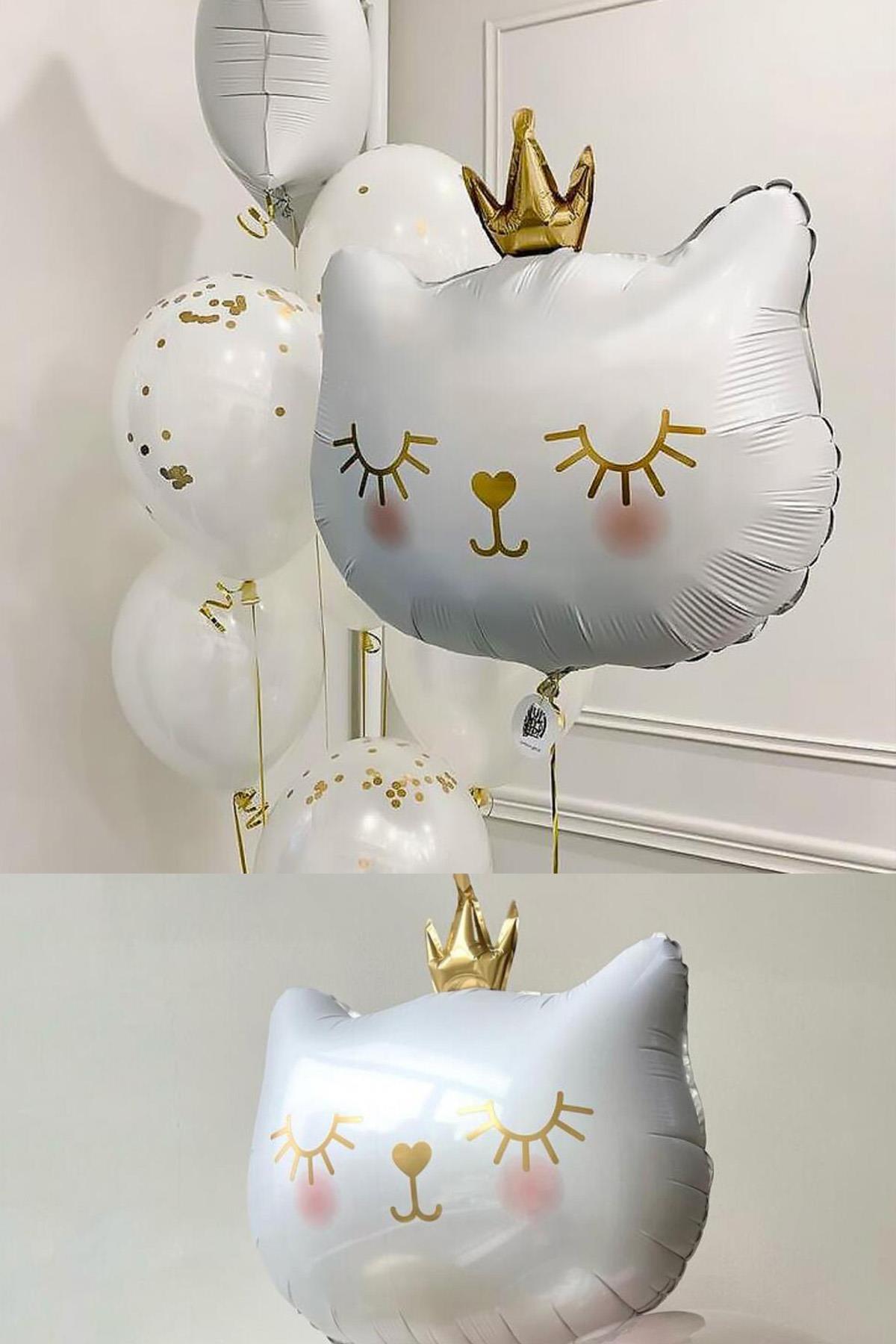 Taçlı Beyaz Kedi Folyo Balon 1 Adet 76x 64.5 Cm