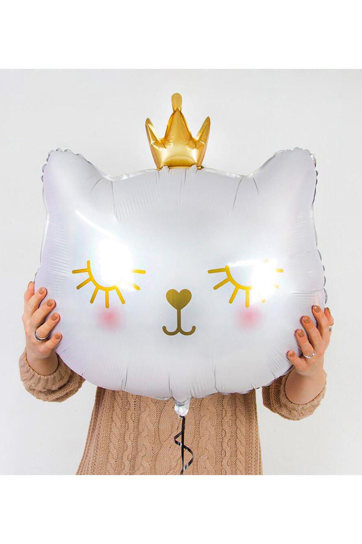 Taçlı Beyaz Kedi Folyo Balon 1 Adet 76x 64.5 Cm