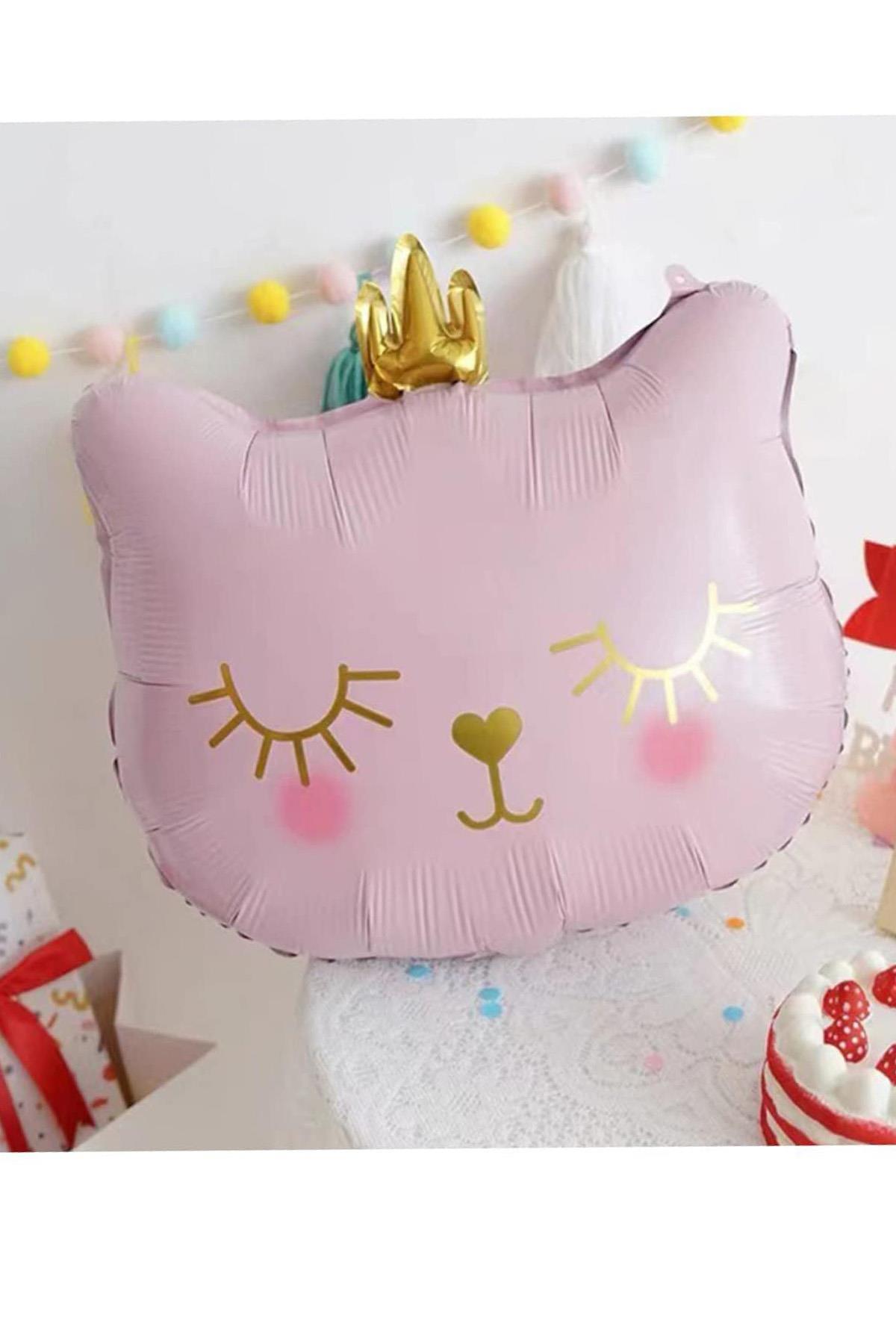 Taçlı Pembe Kedi Folyo Balon 1 Adet 76x 64.5 Cm
