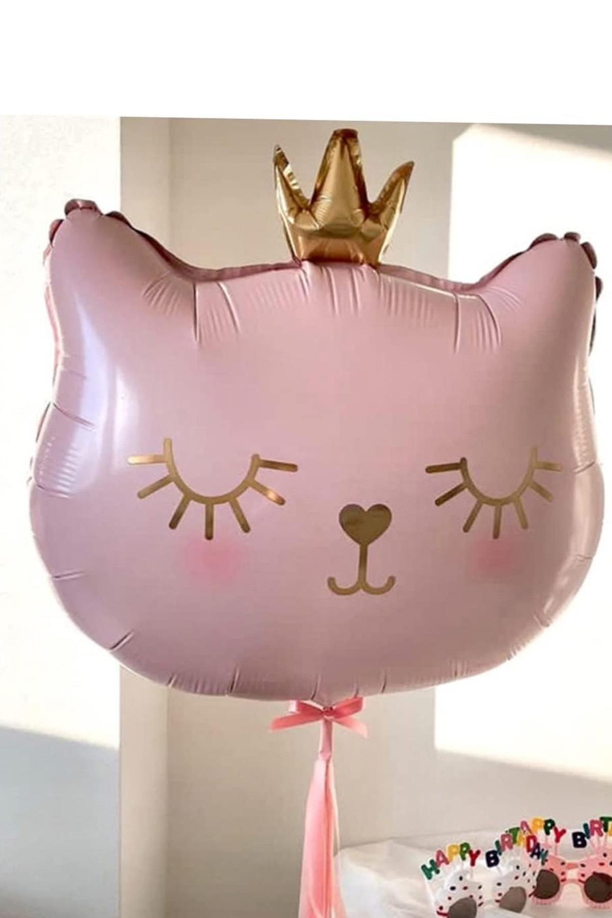Taçlı Pembe Kedi Folyo Balon 1 Adet 76x 64.5 Cm
