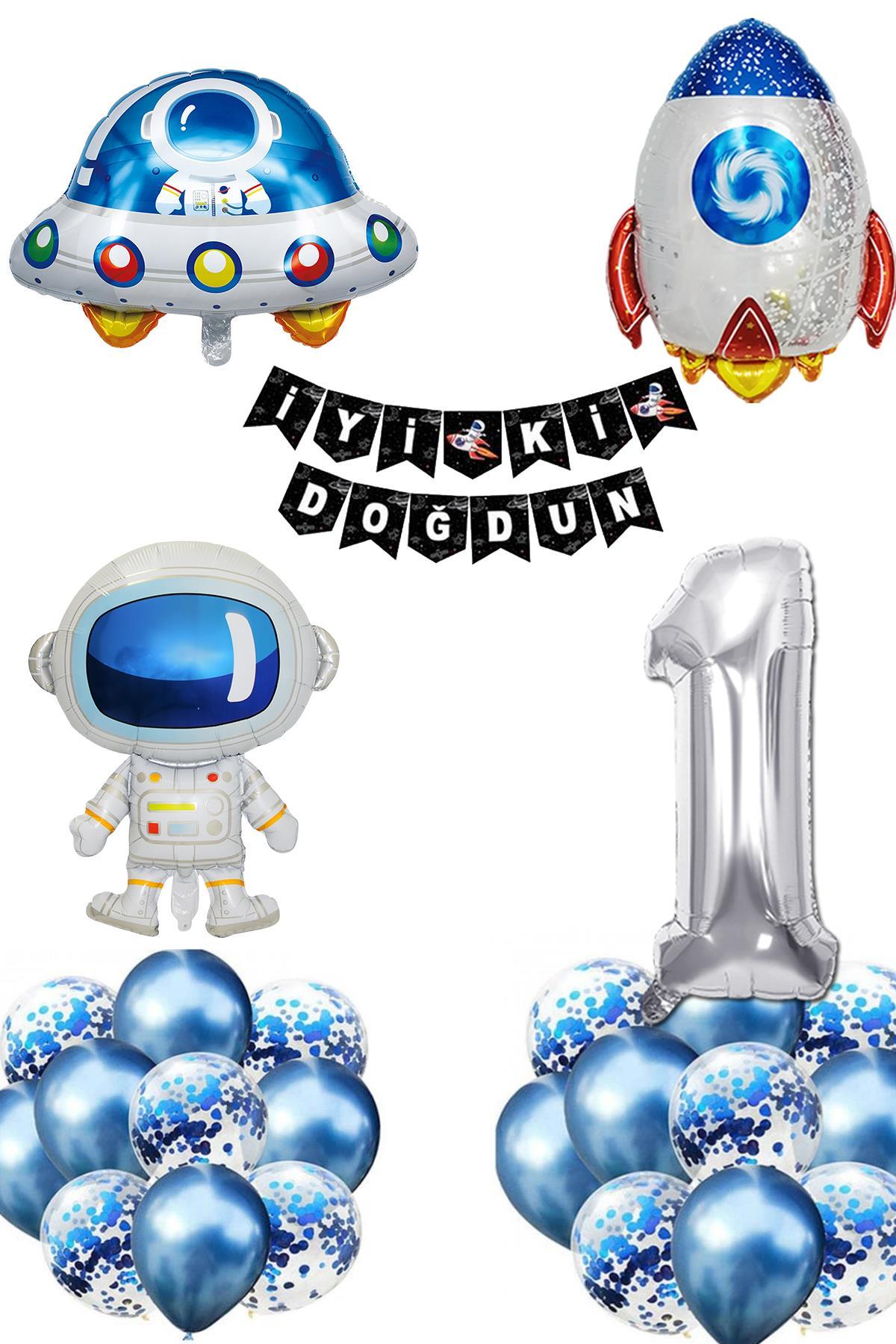 Uzay Konsepti 1 Yaş Doğum Günü Parti Kutlama Seti;  Astronot, Ufo Ve Uzay Gemisi Folyo Balon Set