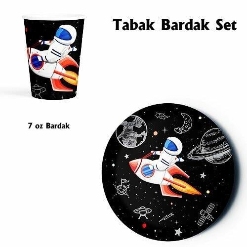 Uzay Temalı Doğum Günü Konsepti Tabak Bardak Set 8'li 
