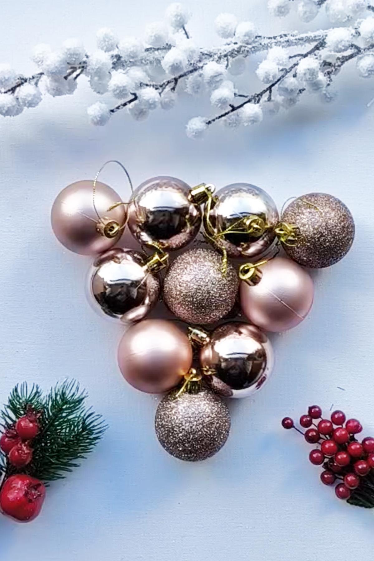 Yılbaşı Ağaç Süsü Rose Gold Renkli Top Noel Süs 5 Cm 10 Adet