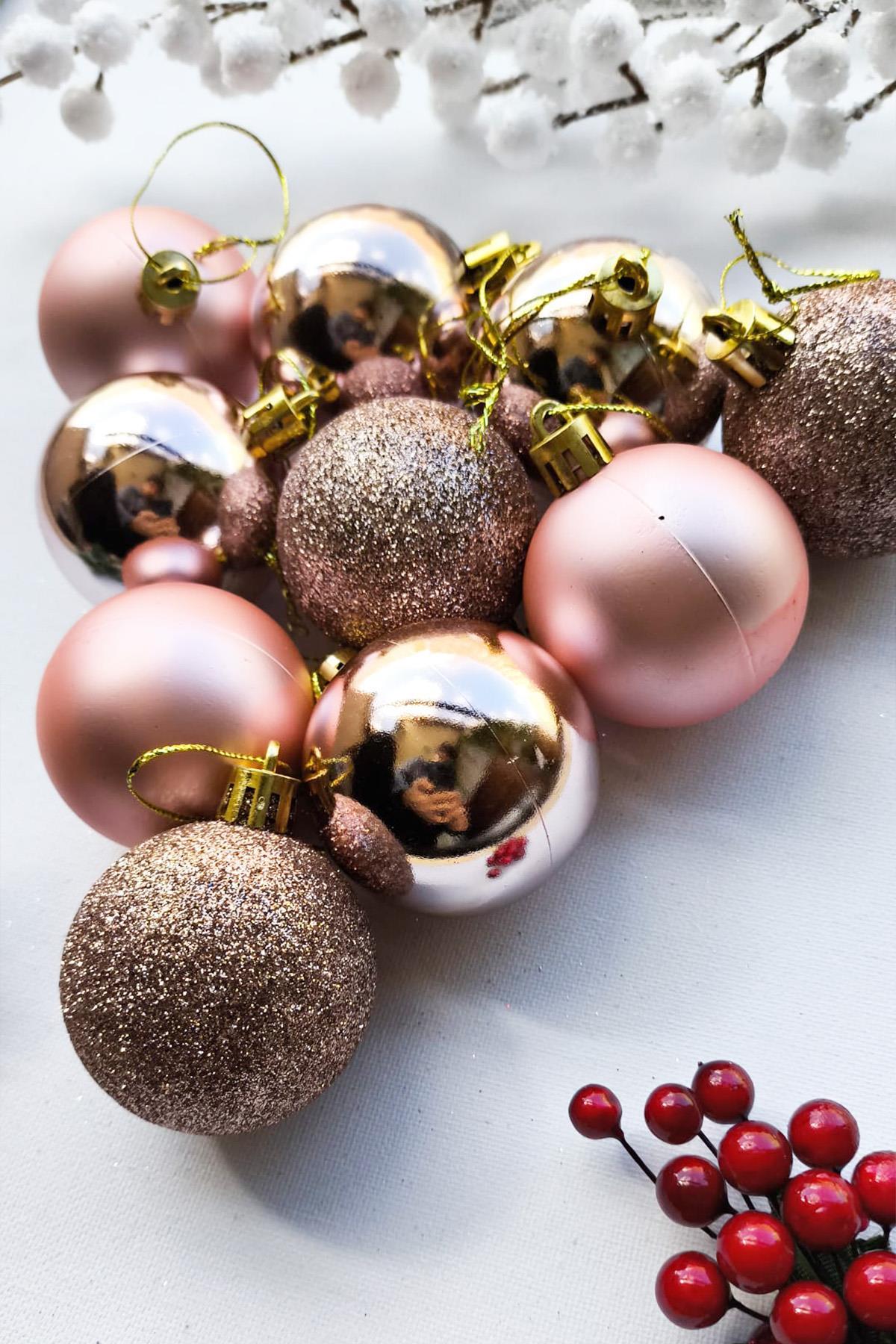 Yılbaşı Ağaç Süsü Rose Gold Renkli Top Noel Süs 5 Cm 10 Adet