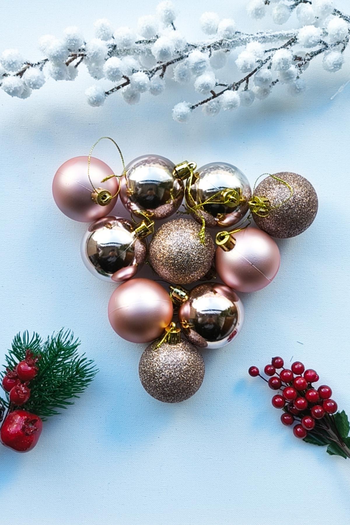 Yılbaşı Ağaç Süsü Rose Gold Renkli Top Noel Süs 5 Cm 10 Adet