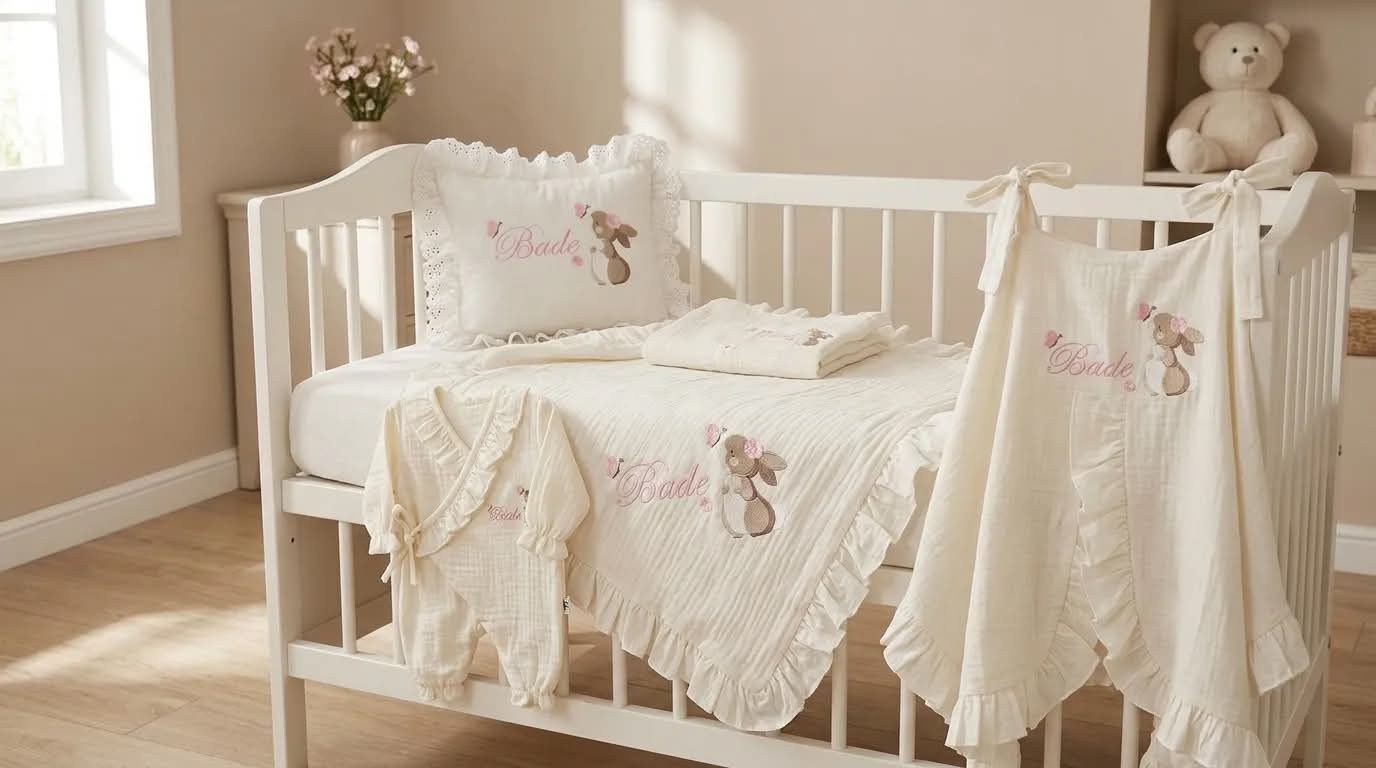 Cora Müslin 4'lü Set – Tavşan Nakışlı İsimli Bebek Koleksiyonu