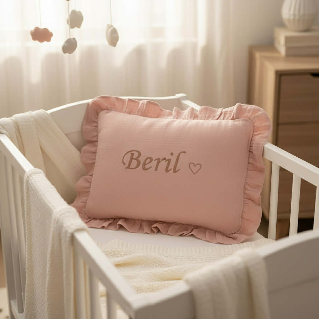Nola Fırfırlı Müslin Bebek Yastığı – %100 Pamuk, İsteğe Özel İsim Nakışlı / Nakışsız