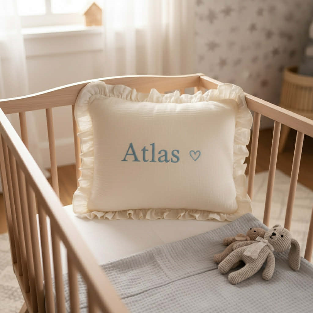 Nola Fırfırlı Müslin Bebek Yastığı – %100 Pamuk, İsteğe Özel İsim Nakışlı / Nakışsız