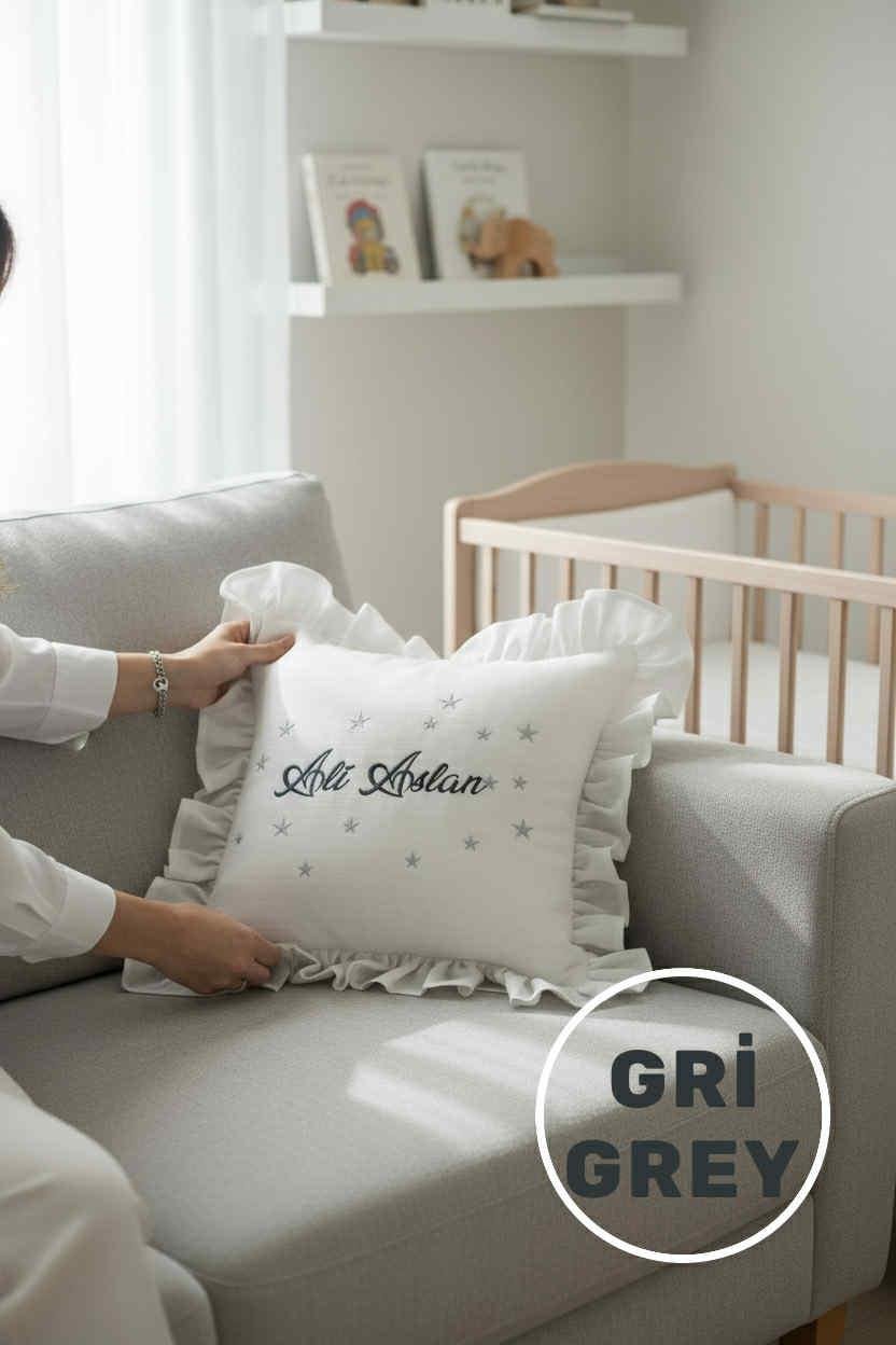 Stars Yıldızlı Keten Dokulu İsim Nakışlı Bebek Yastık