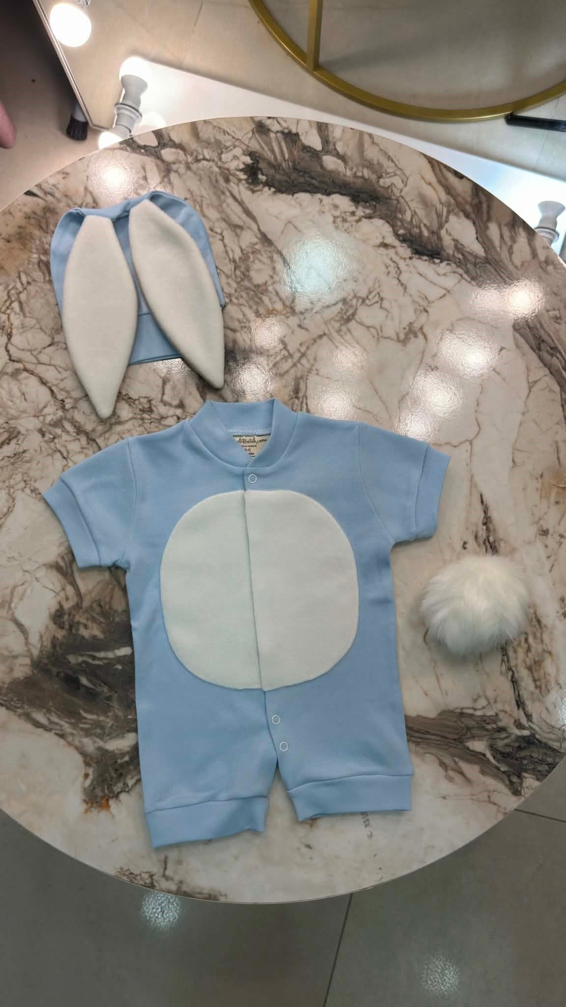 Yazlık Aqua Mavi Tavşan Bebek Tulum ve Kulaklı Şapka Seti