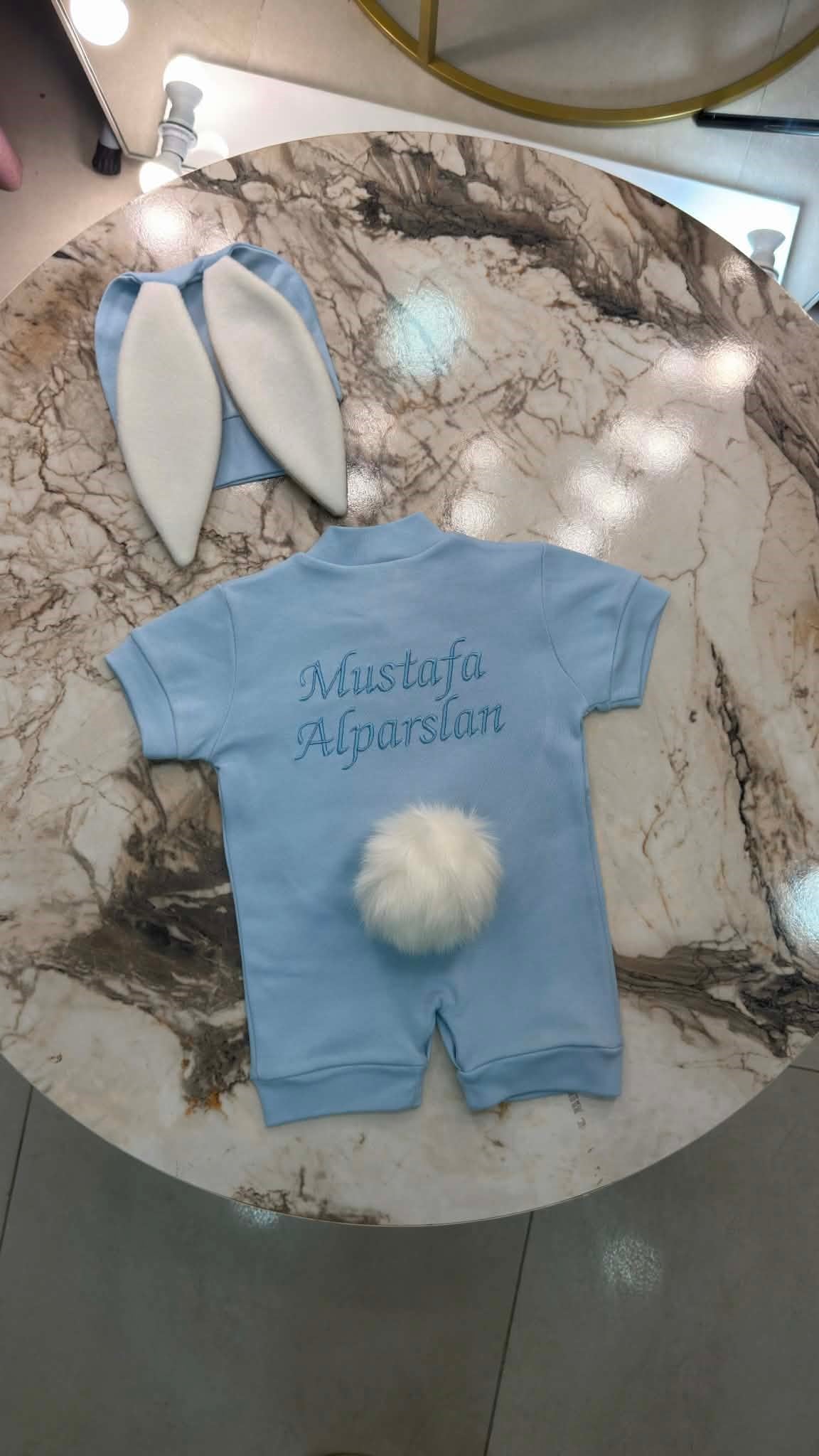 Yazlık Aqua Mavi Tavşan Bebek Tulum ve Kulaklı Şapka Seti