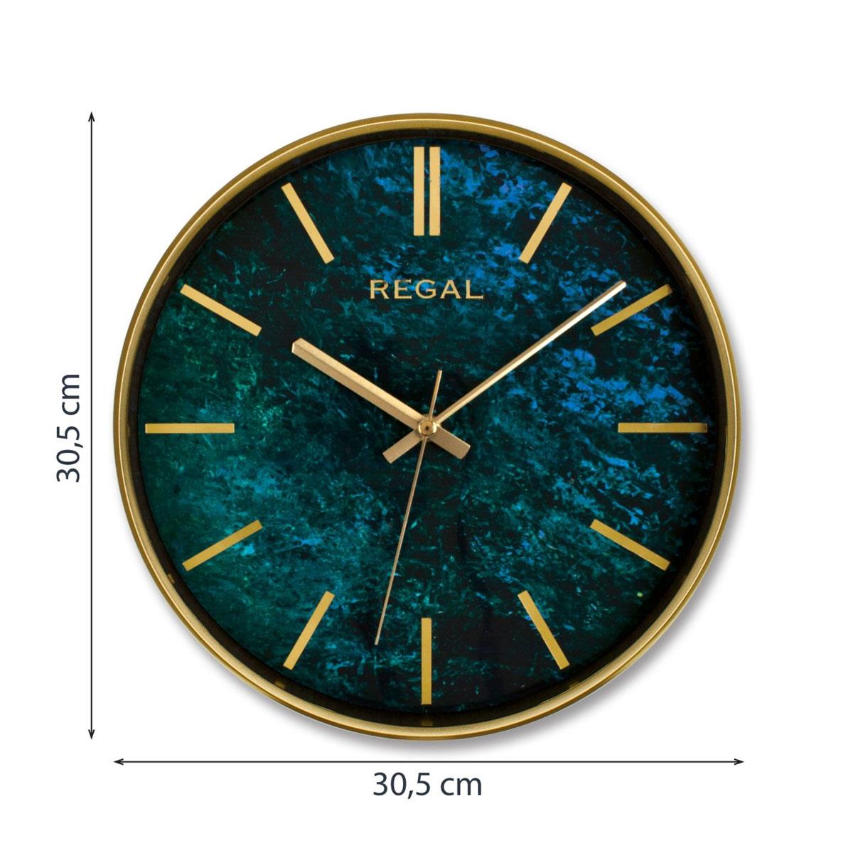 Boyut bilgisi: 30.5 cm çapındaki Regal teal desenli duvar saati ölçüleriyle birlikte.