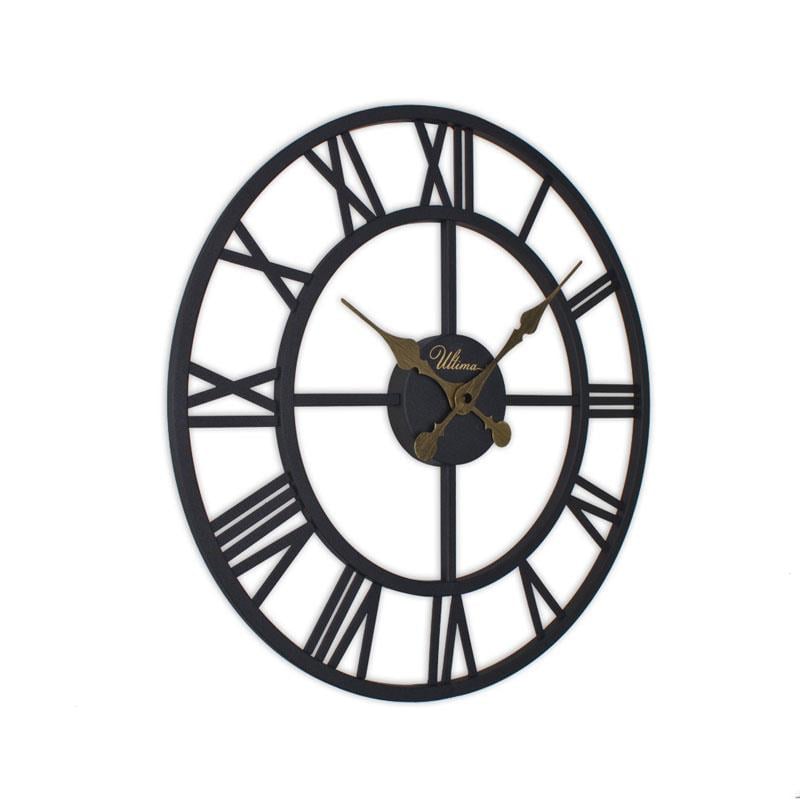 Regal markalı siyah ve gold renkli büyük duvar saatinin kadran ve rakam detaylı yakından çekim fotoğrafı