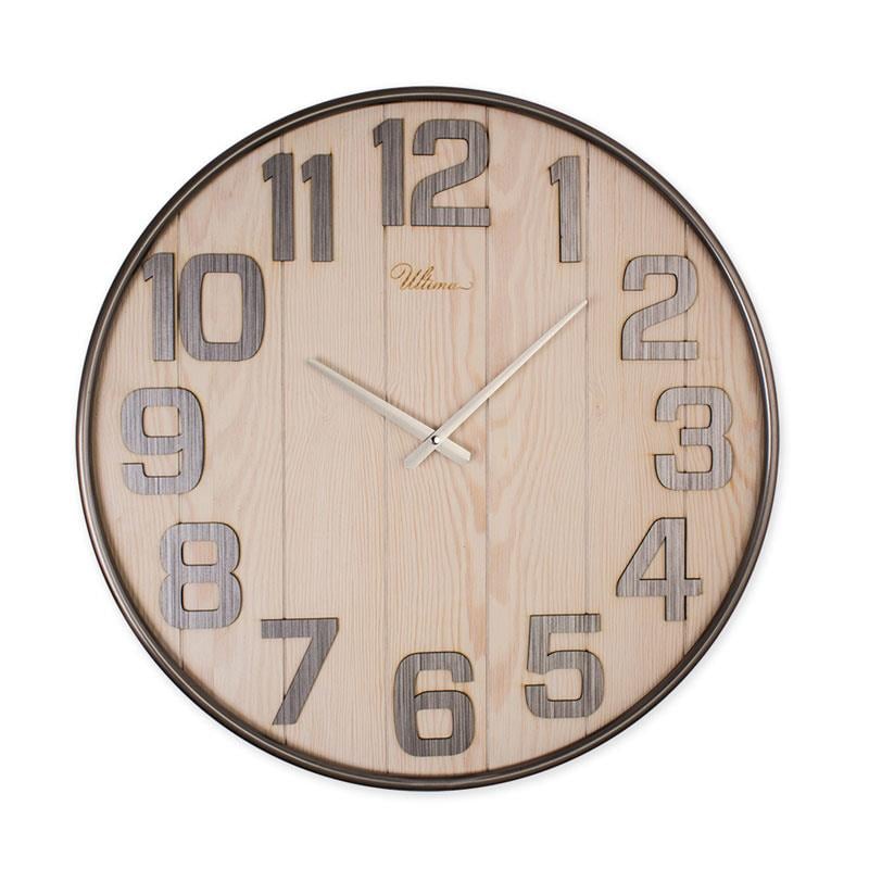 Regal 62 cm çapında, gümüş metal çerçeveli ve rustik ahşap görünümlü büyük dekoratif duvar saati