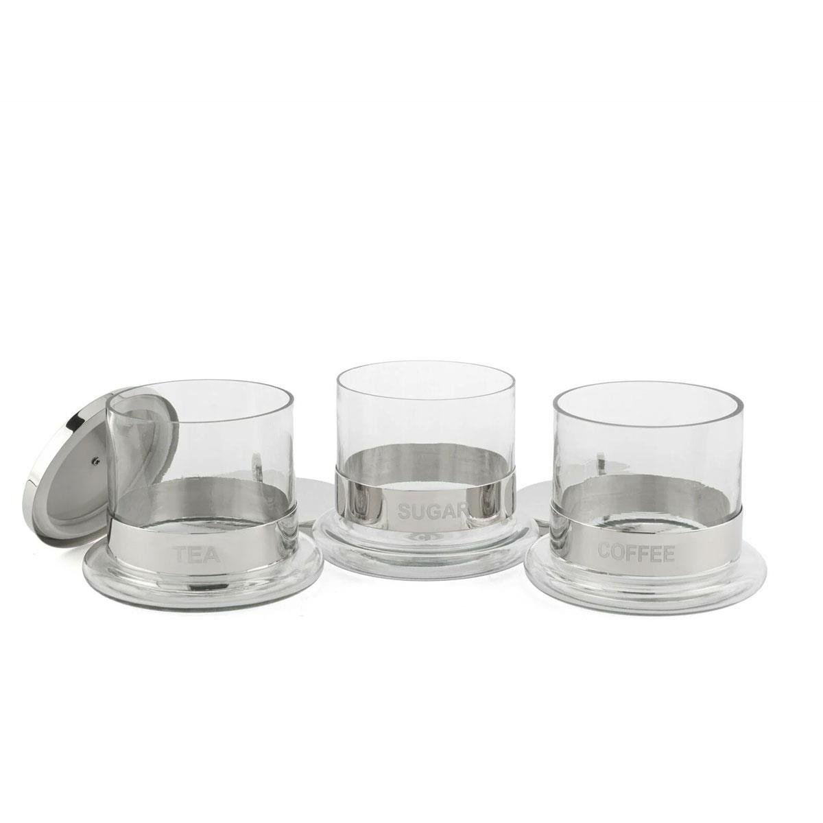 3'lü Çay Kahve Şeker Kavanoz Seti 14x14 cm Açık Hali - Gümüş Metal Etiket ve Kapak Detayı