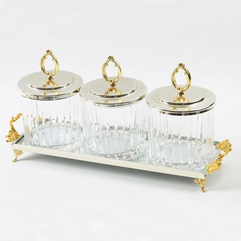 3'lü Tepsili Kavanoz Seti Gümüş Altın - Çamlıca Home