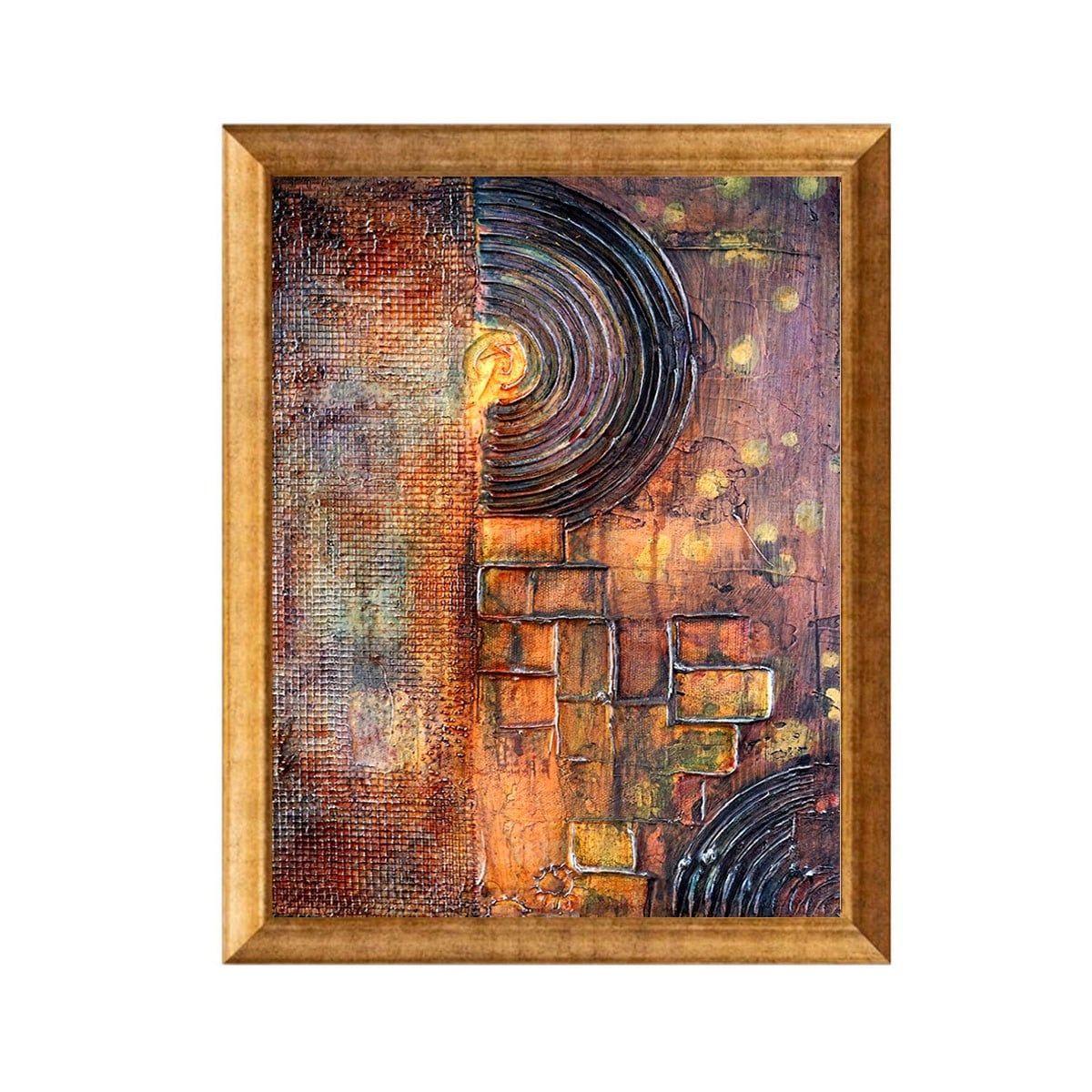 Modern ofis dekorasyonuna uygun altın çerçeveli 75x105 cm dikey dokulu soyut tablo