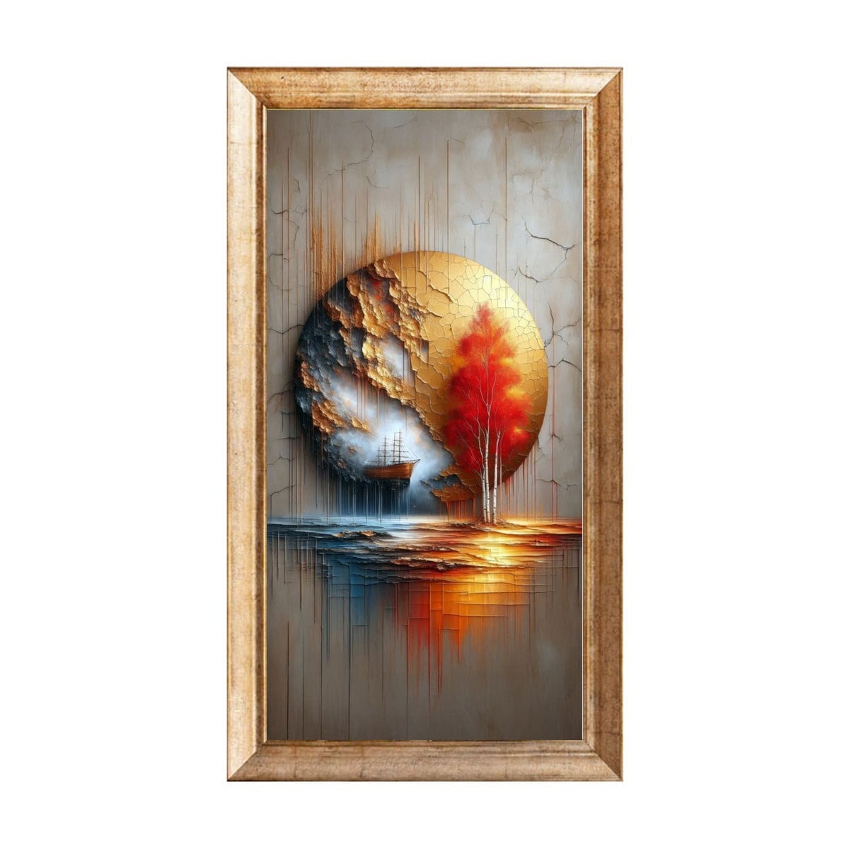 Dokulu sıvalı ve taş duvarlara uyum sağlayan eskitme çerçeveli dikey soyut salon tablosu ls-6043 Çamlıca Home